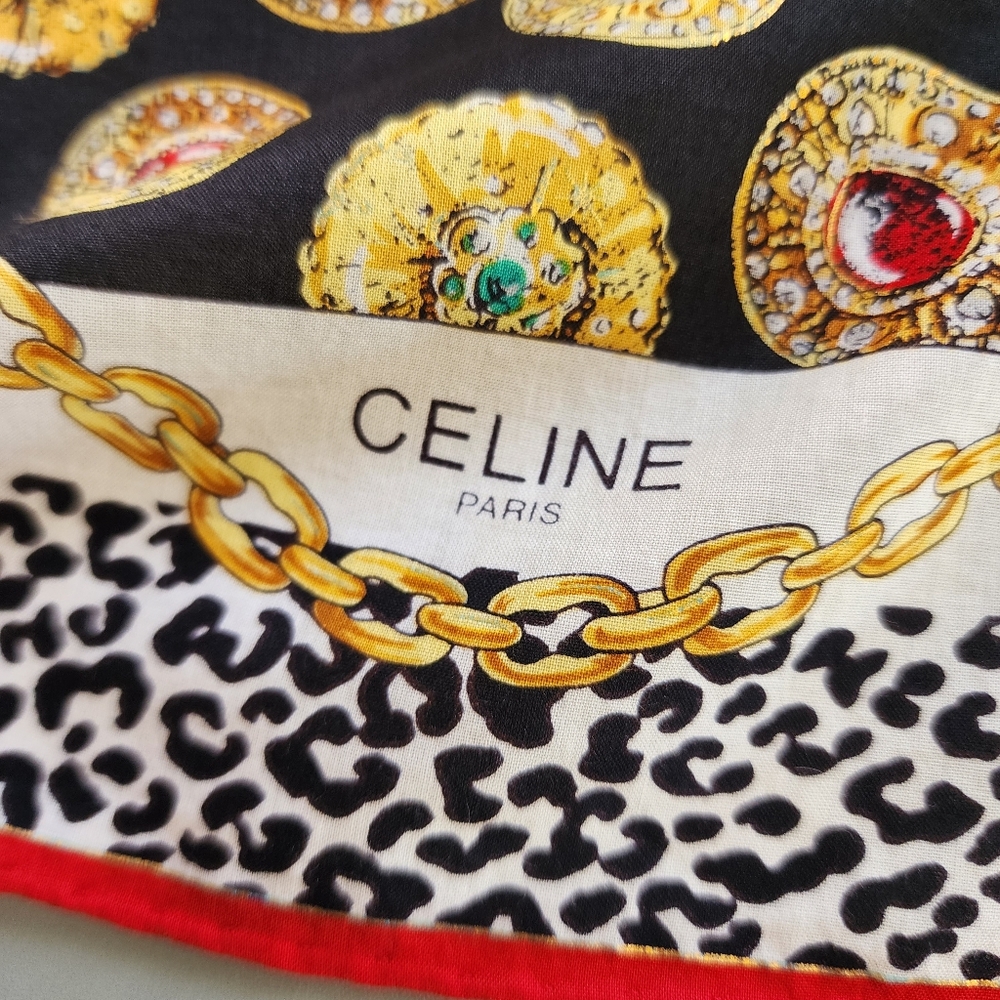 Celine Black & White Silk Bandanna with Gold, Red, Blue & Green Medallions EUC - Picture 6 of 15